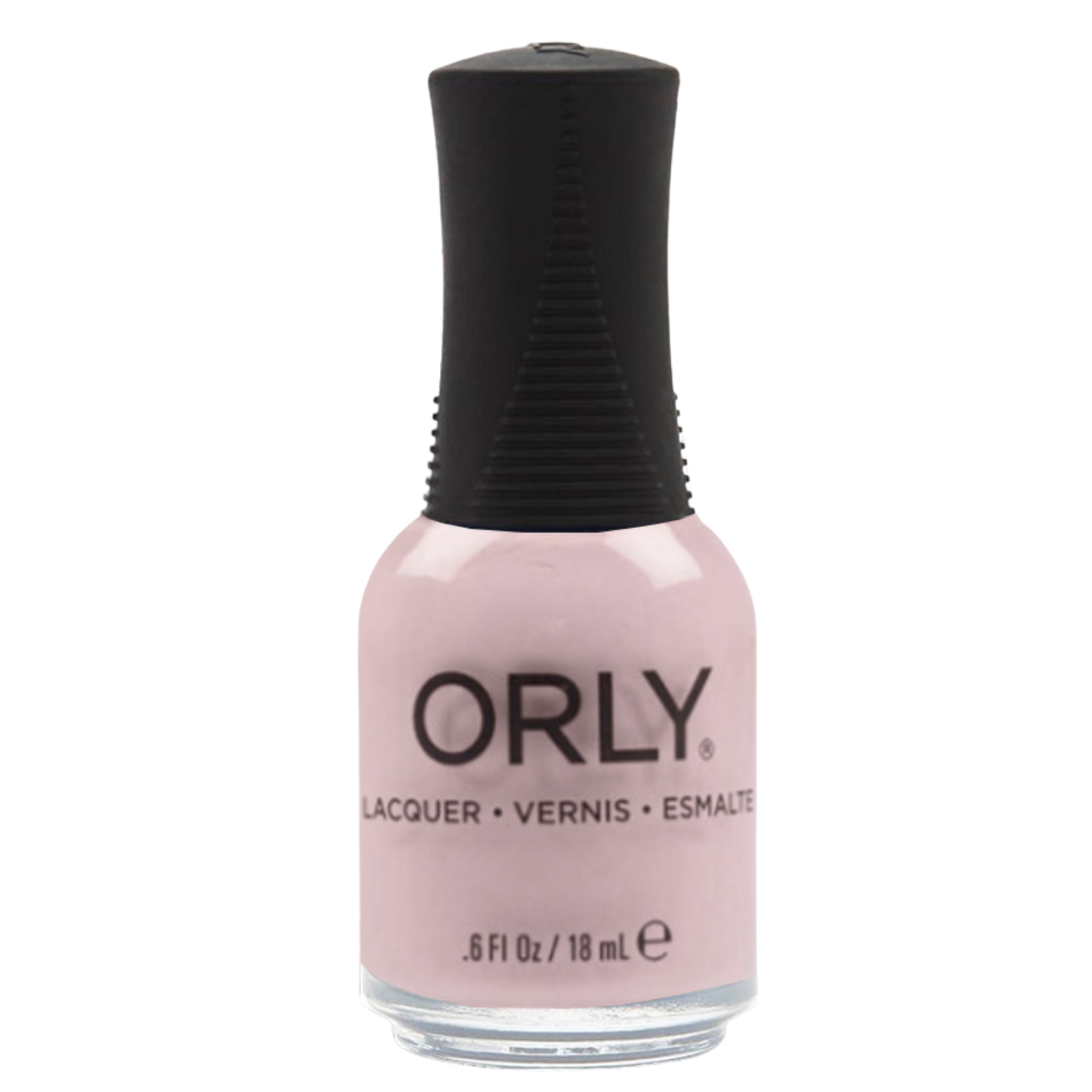 light pink nail polish bottle with black cap on a white background