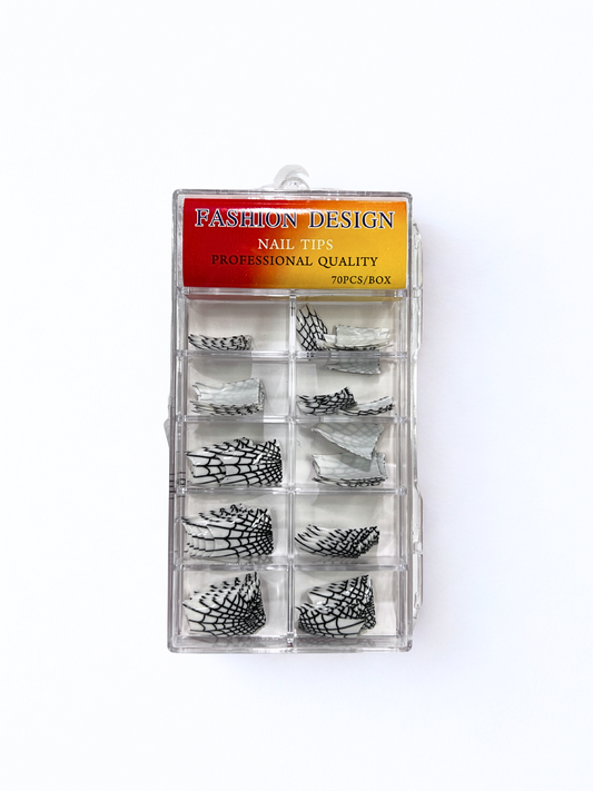 Fashion Design Nail Tips 70pc - Black + White Spiderweb (Duck Tips)