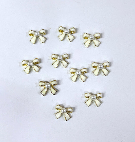 Gold Metal Ribbon Bow Charms - White