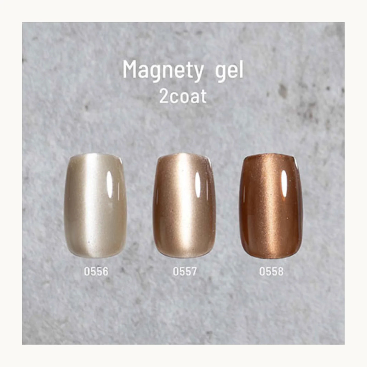 Three nail samples with 'Magnety gel 2 coat' text on a textured gray background