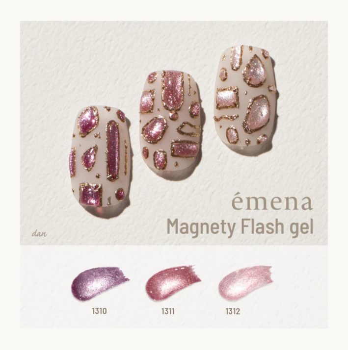Nail art display with 'emena Magnety Flash gel' on a light background