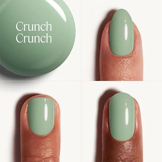 Green nail polish with 'Crunch Crunch' text on a white background