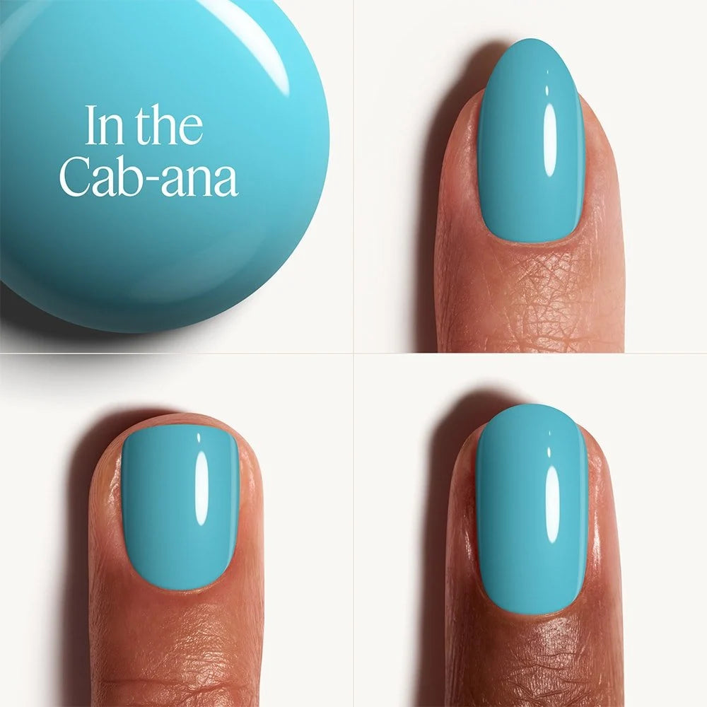 Nail polish color swatch with 'In the Cab-ana' text and nail application on a white background