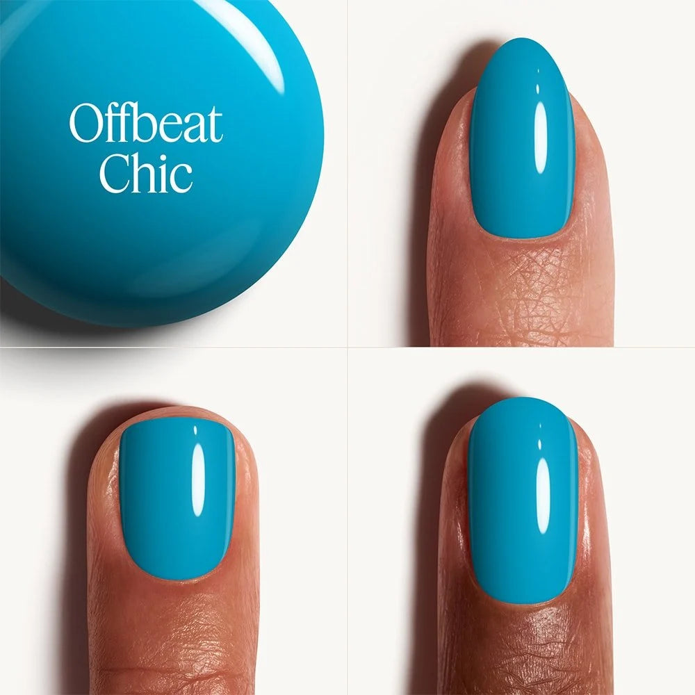 Blue nail polish with 'Offbeat Chic' label on a white background
