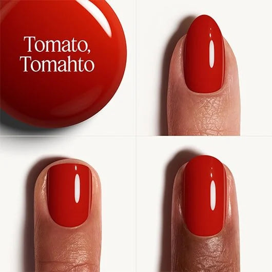 Red nail polish with 'Tomato, Tomahto' text on a white background