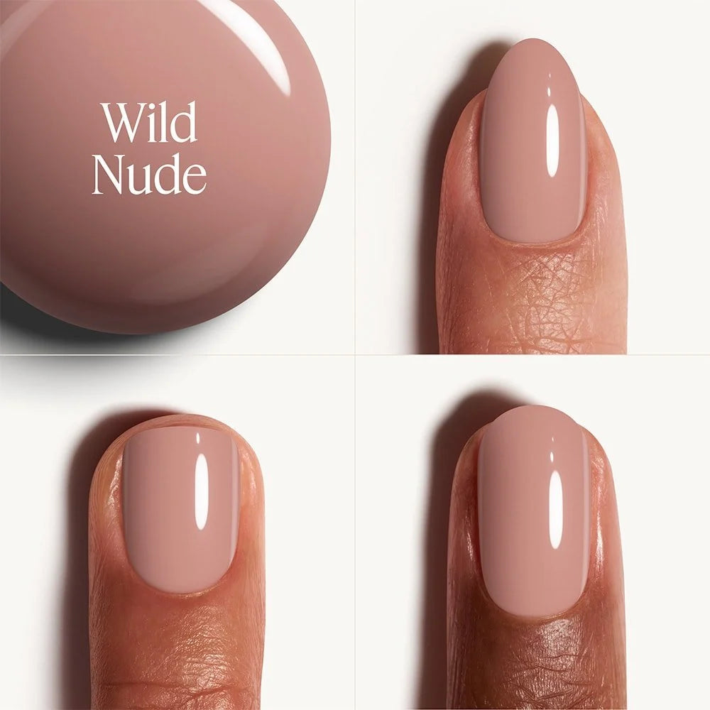 Nail polish color swatch labeled 'Wild Nude' with a close-up of a nail wearing the color.