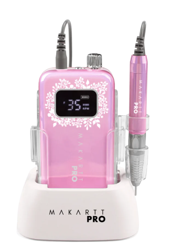 Pink nail drill machine with digital display and Makartt Pro branding on a white background