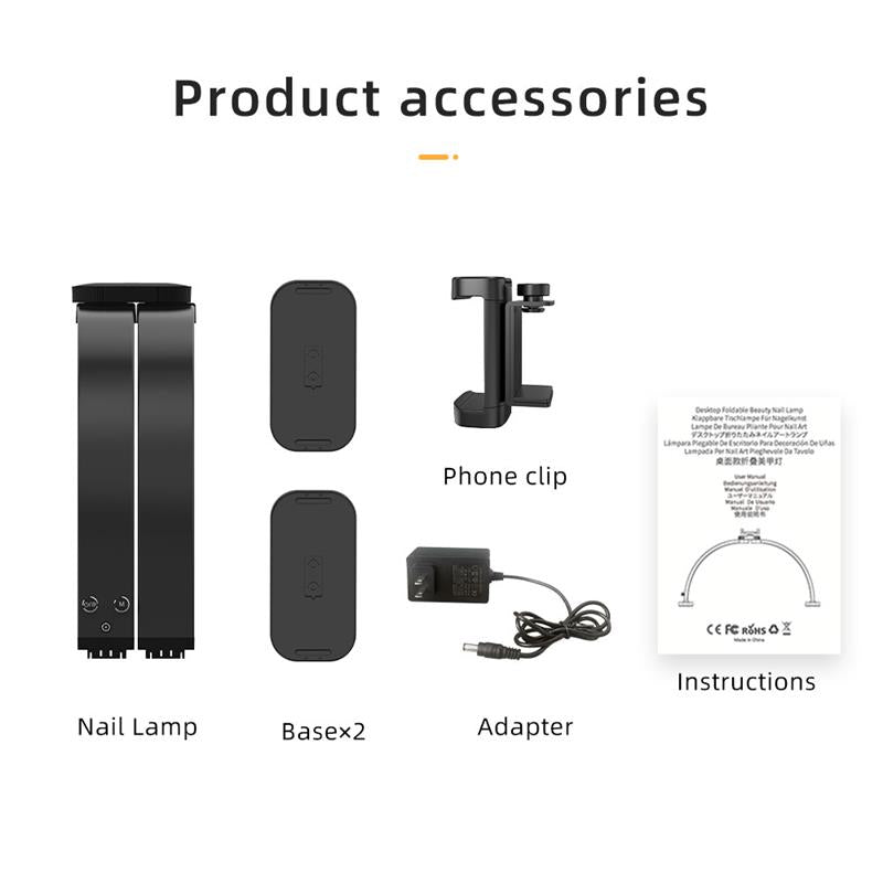 List of product accessories including a nail lamp, baseX2, adapter, phone clip, and instructions on a white background.