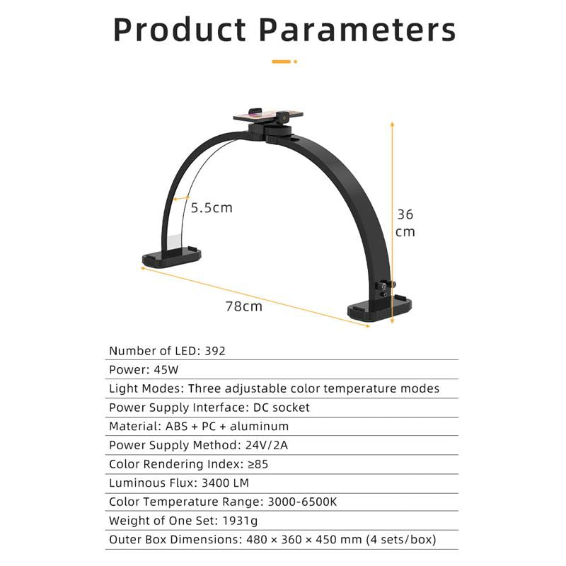 Product parameters of a LED light fixture with dimensions and technical specifications.