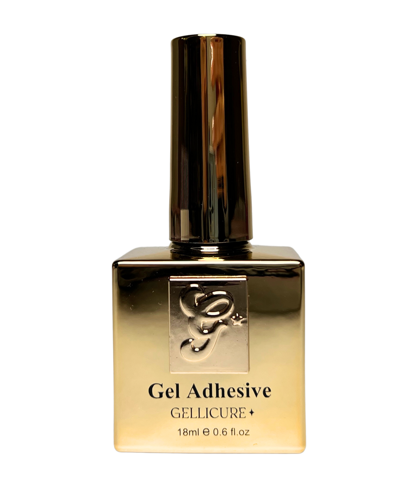 Gold bottle of Gel Adhesive with Gelllicure branding on a white background