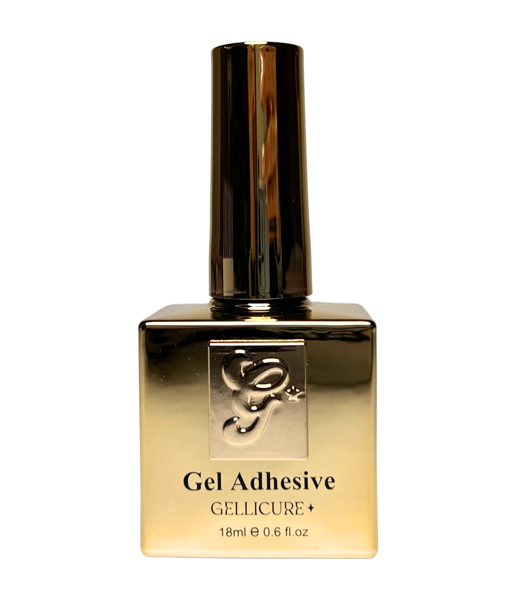 Gold bottle of Gel Adhesive with Gelllicure branding on a white background