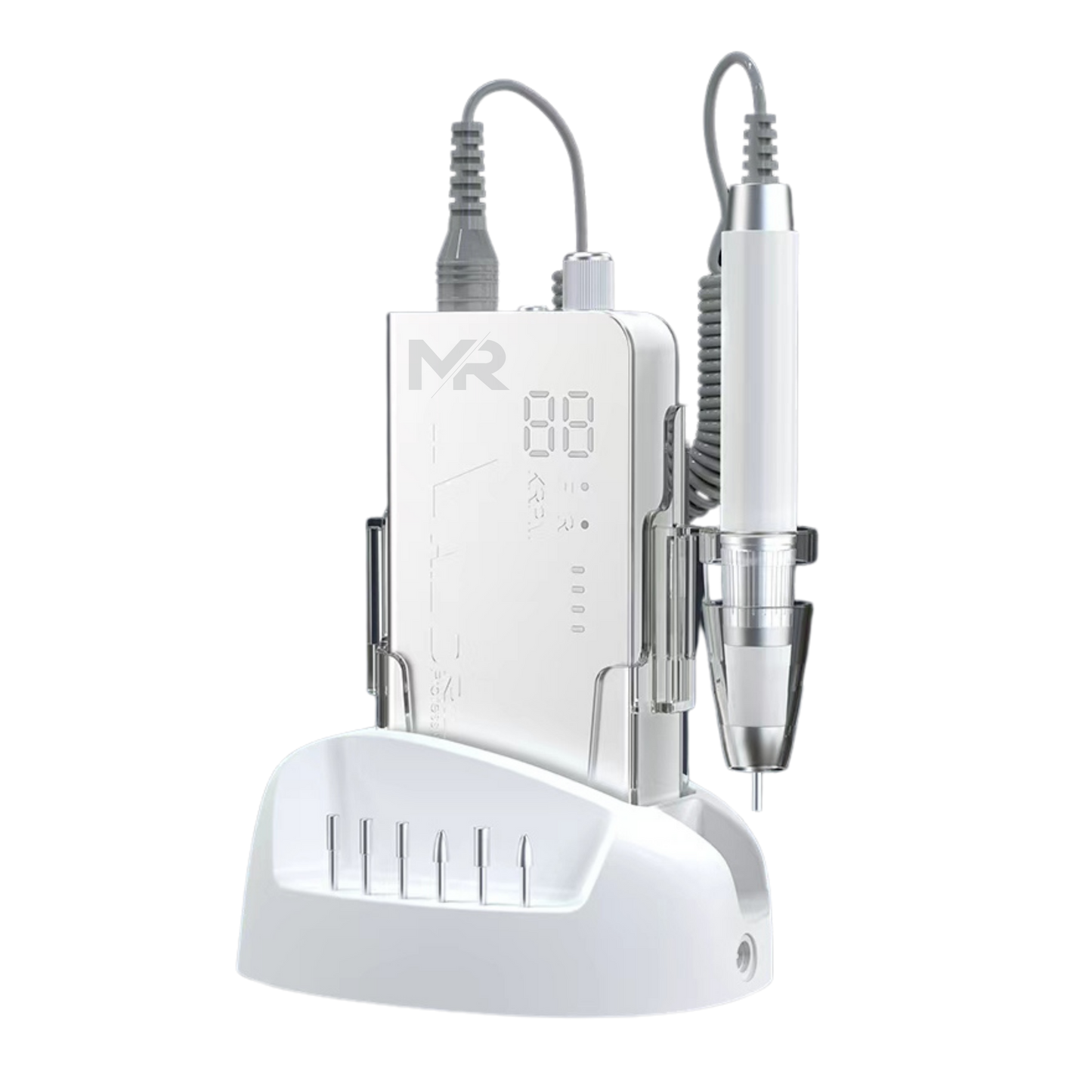 silver nail drill with white colored handpiece over a white background