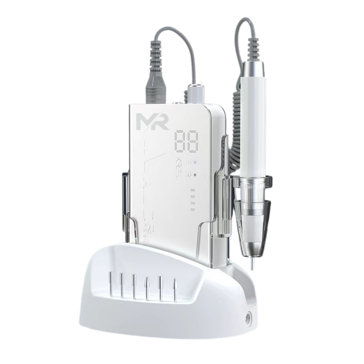 silver nail drill with white colored handpiece over a white background
