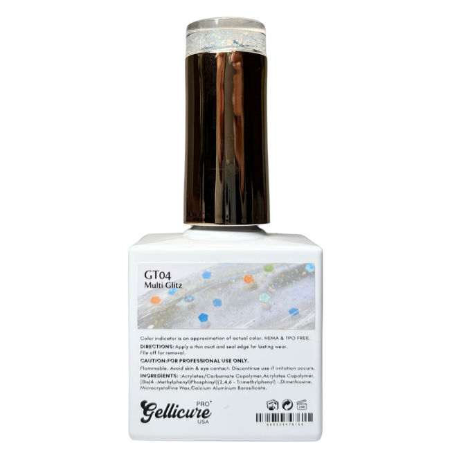 GELLICURE PRO★ No Wipe Glitter Top Coat HEMA & TPO FREE 0.5oz - Multi Glitz #GT04
