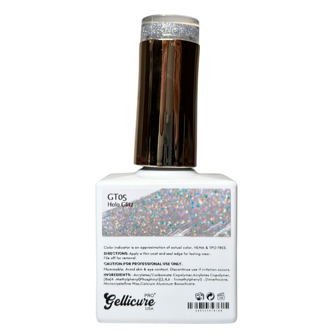 GELLICURE PRO★ No Wipe Glitter Top Coat HEMA & TPO FREE 0.5oz - Holo Glitz #GT05
