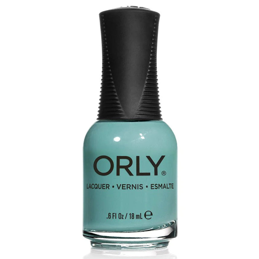 seafoam green nail polish with orly branding with black grip cap over a white background
