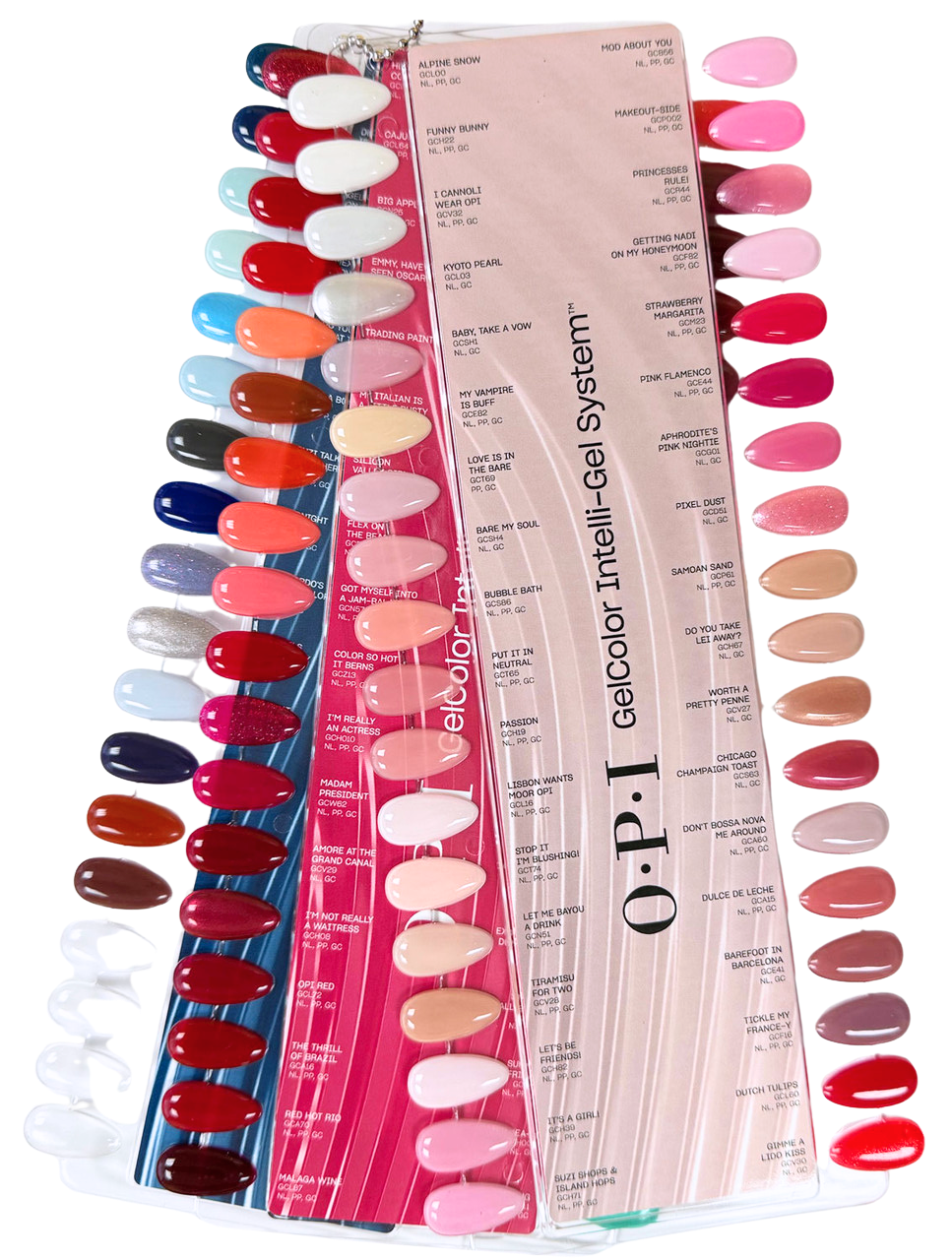 OPI GelColor Intelli-Gel System color chart with nail samples