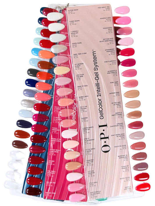 OPI GelColor Intelli-Gel System color chart with nail samples