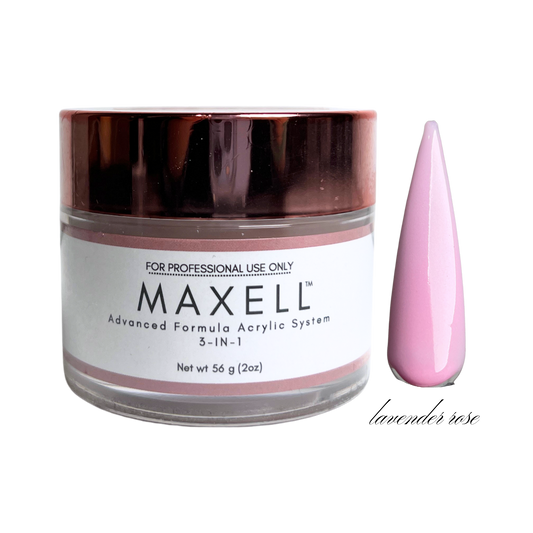 Maxell acrylic powder jar with a pink nail tip on a white background