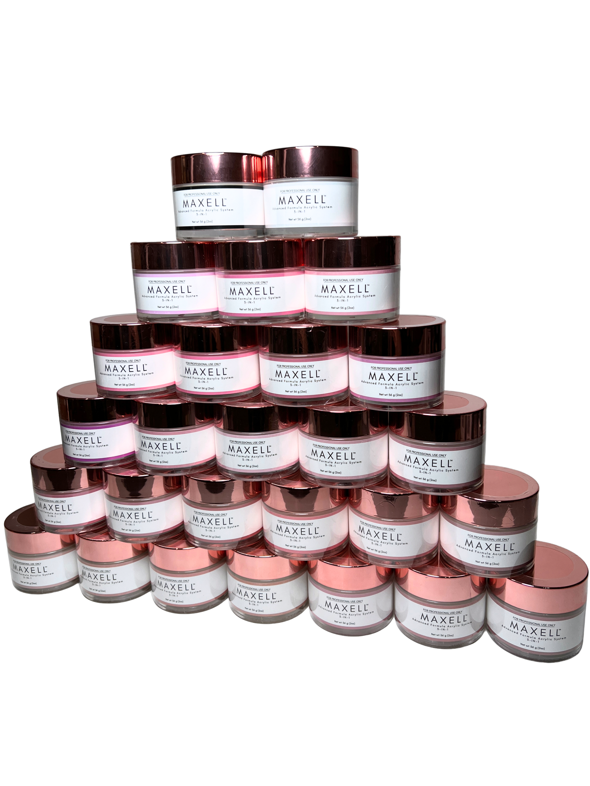 Stack of Maxell cosmetic jars arranged in a pyramid formation on a white background