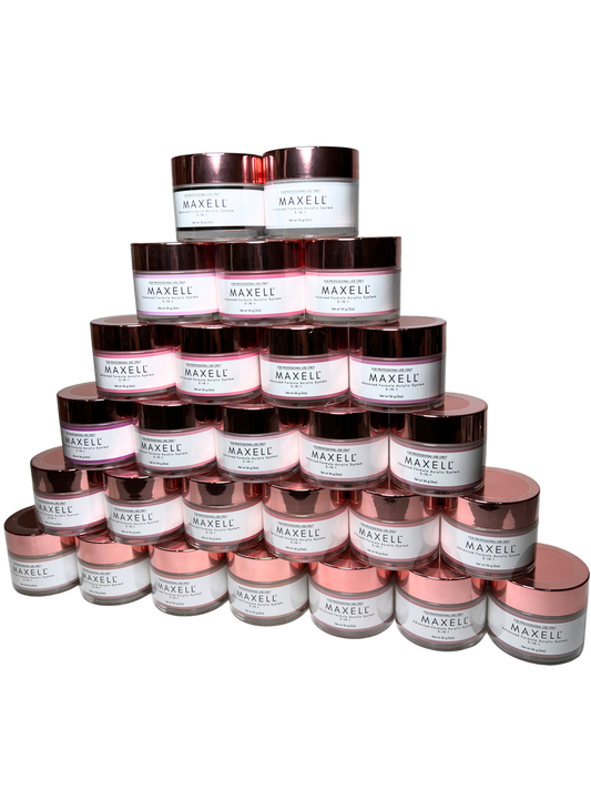 Stack of Maxell cosmetic jars arranged in a pyramid formation on a white background