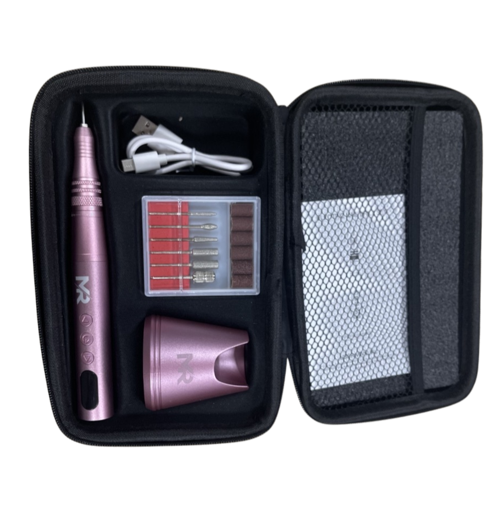 Pink nail drill machine and accessories in a black case on a white background