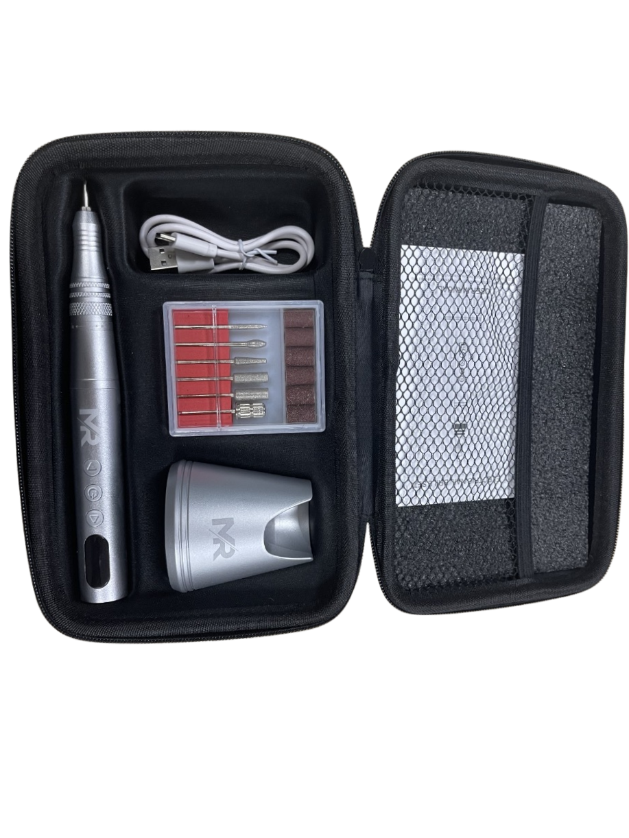 Black carrying case with silver nail drill machine, drill bit sets, and charging cableson a white background