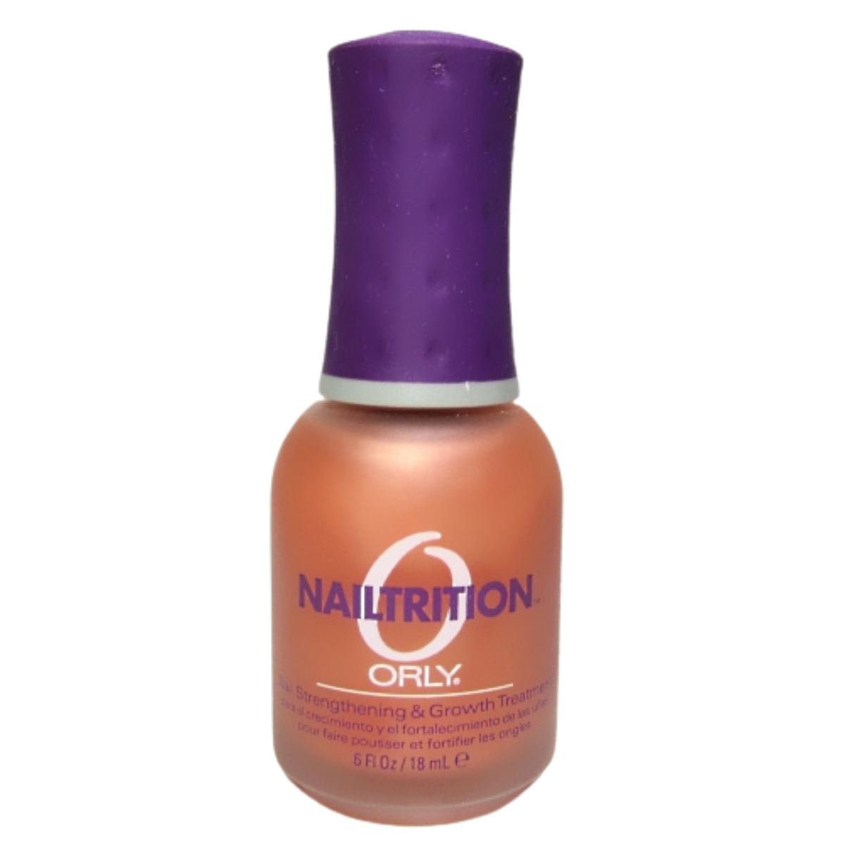 peach colored nail growth polish with purple cap on white background