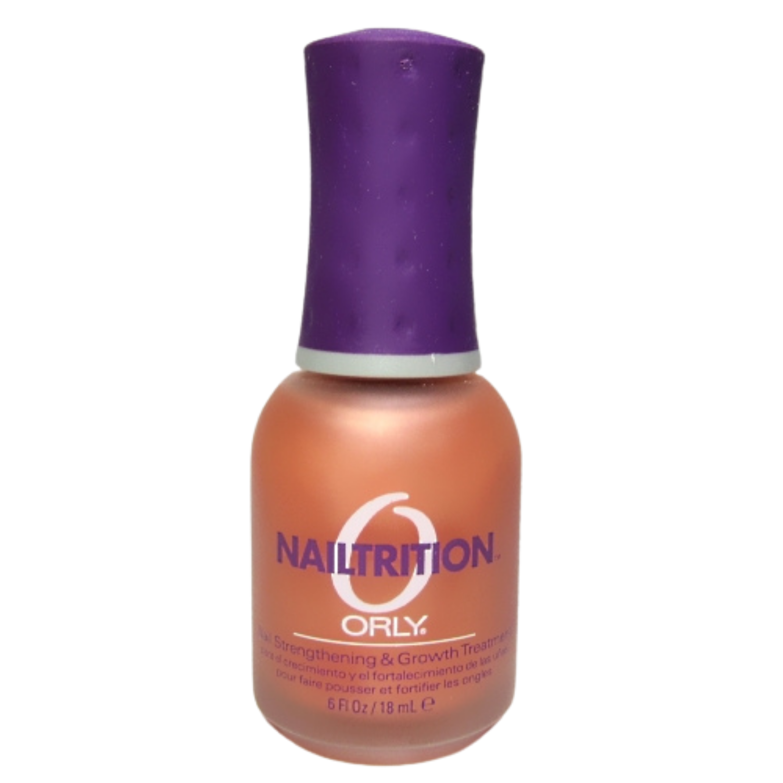 peach colored nail growth polish with purple cap on white background