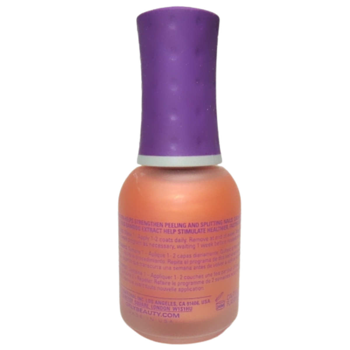 nail polish bottle with information on the back with purple cap on a white background