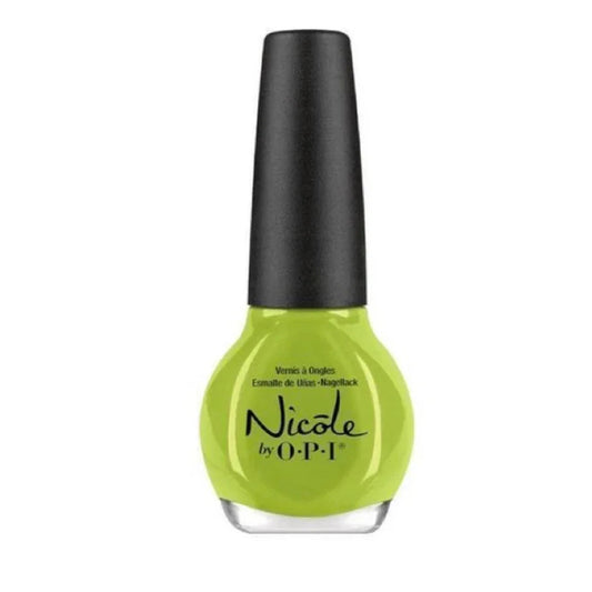 Neon green nail polish bottle with black cap on a white background
