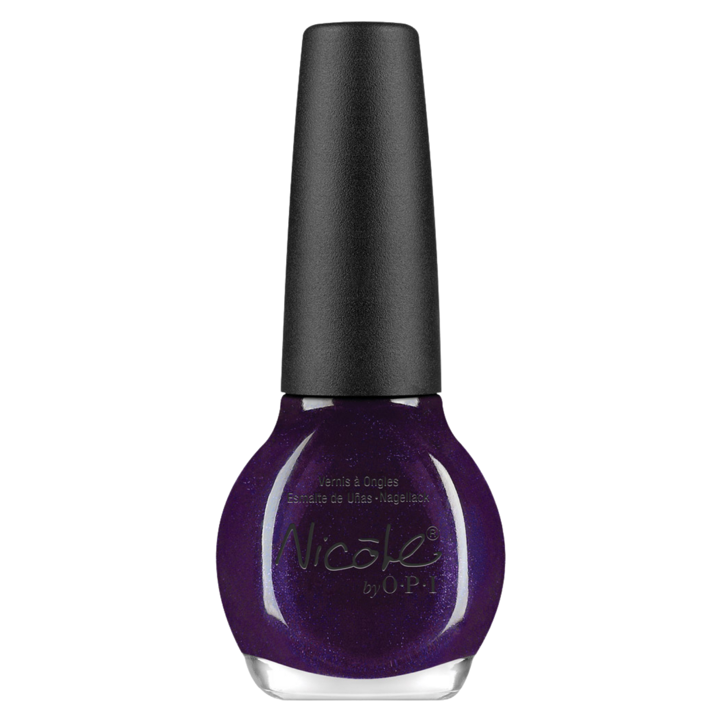 purple glitter nail polish with a black cap over a white background