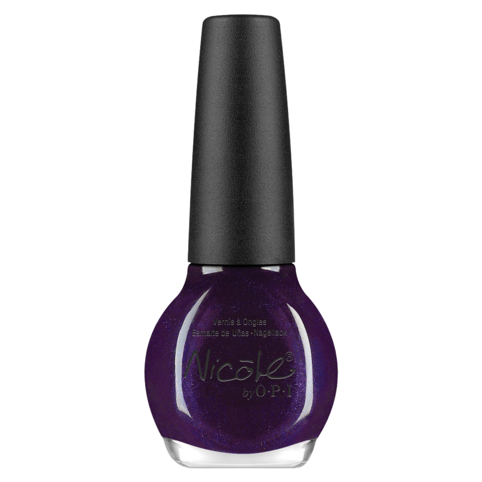 purple glitter nail polish with a black cap over a white background