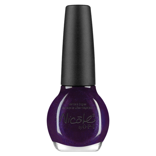 purple glitter nail polish with a black cap over a white background