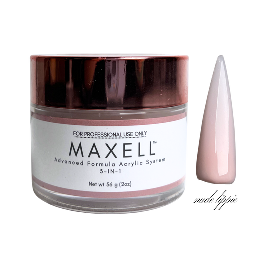 Maxell acrylic system jar with a nude-colored nail tip on a white background