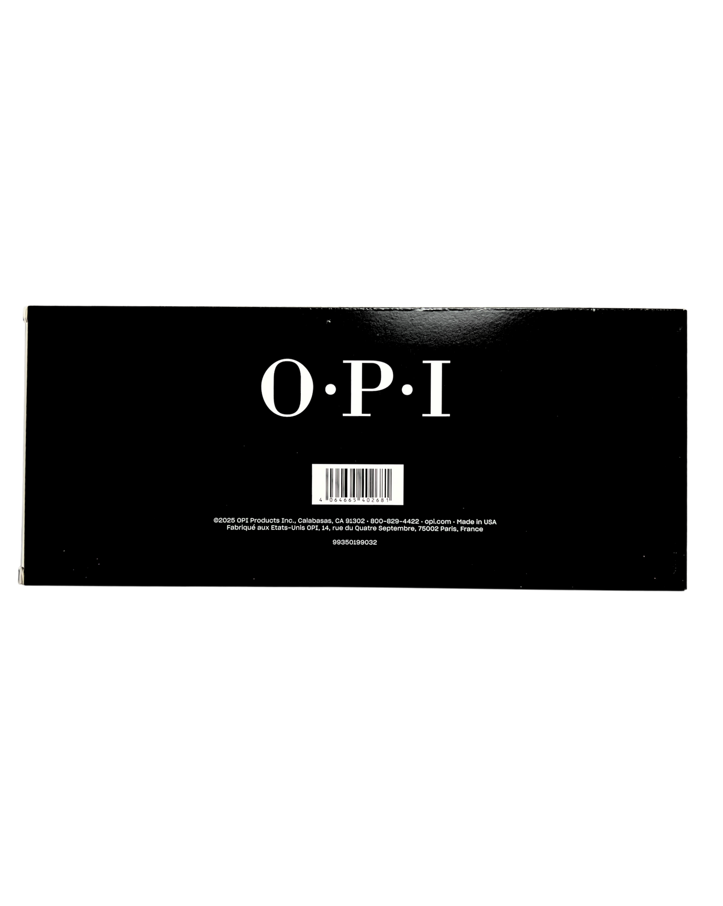 Black OPI box with white text on a white background
