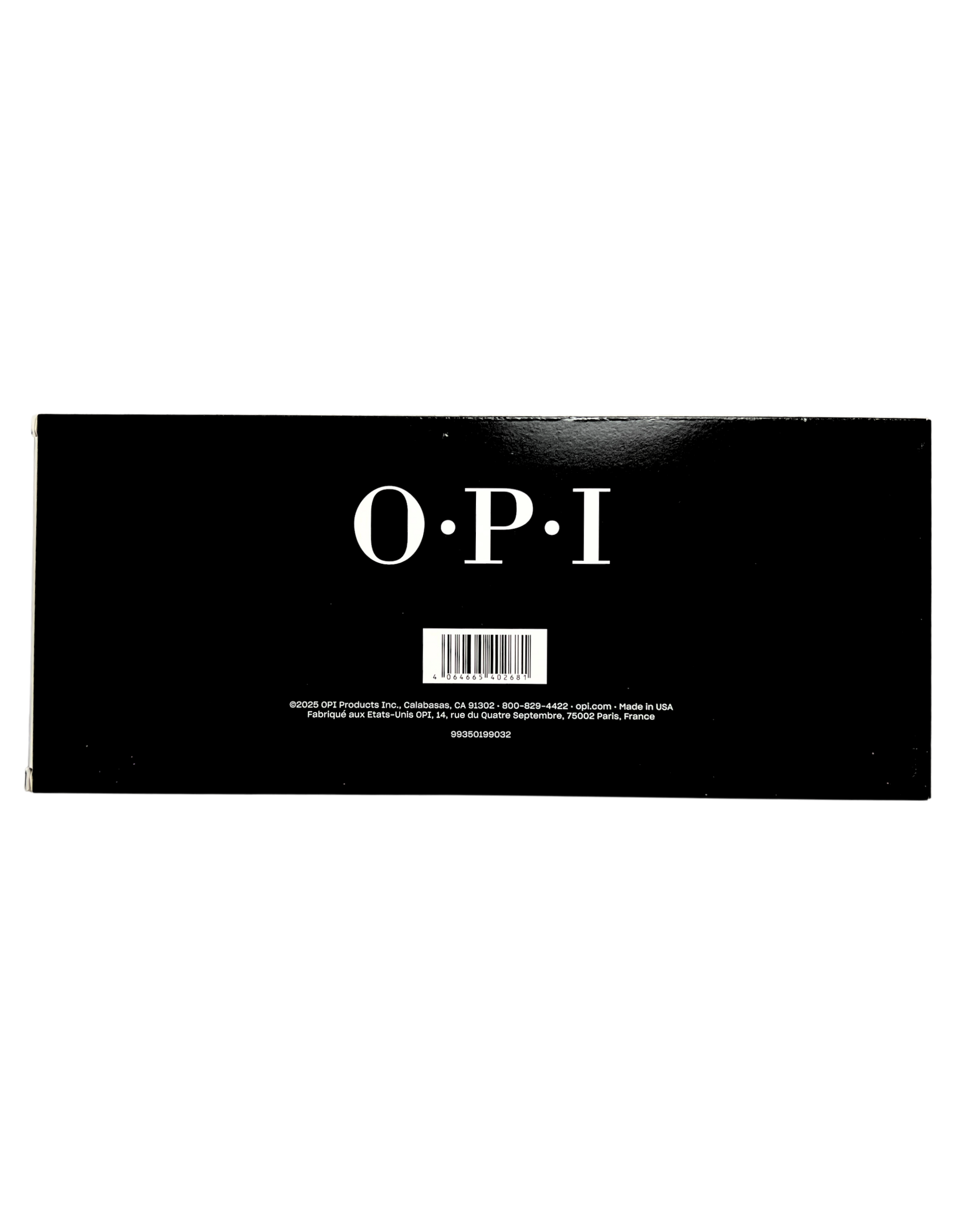 Black OPI box with white text on a white background