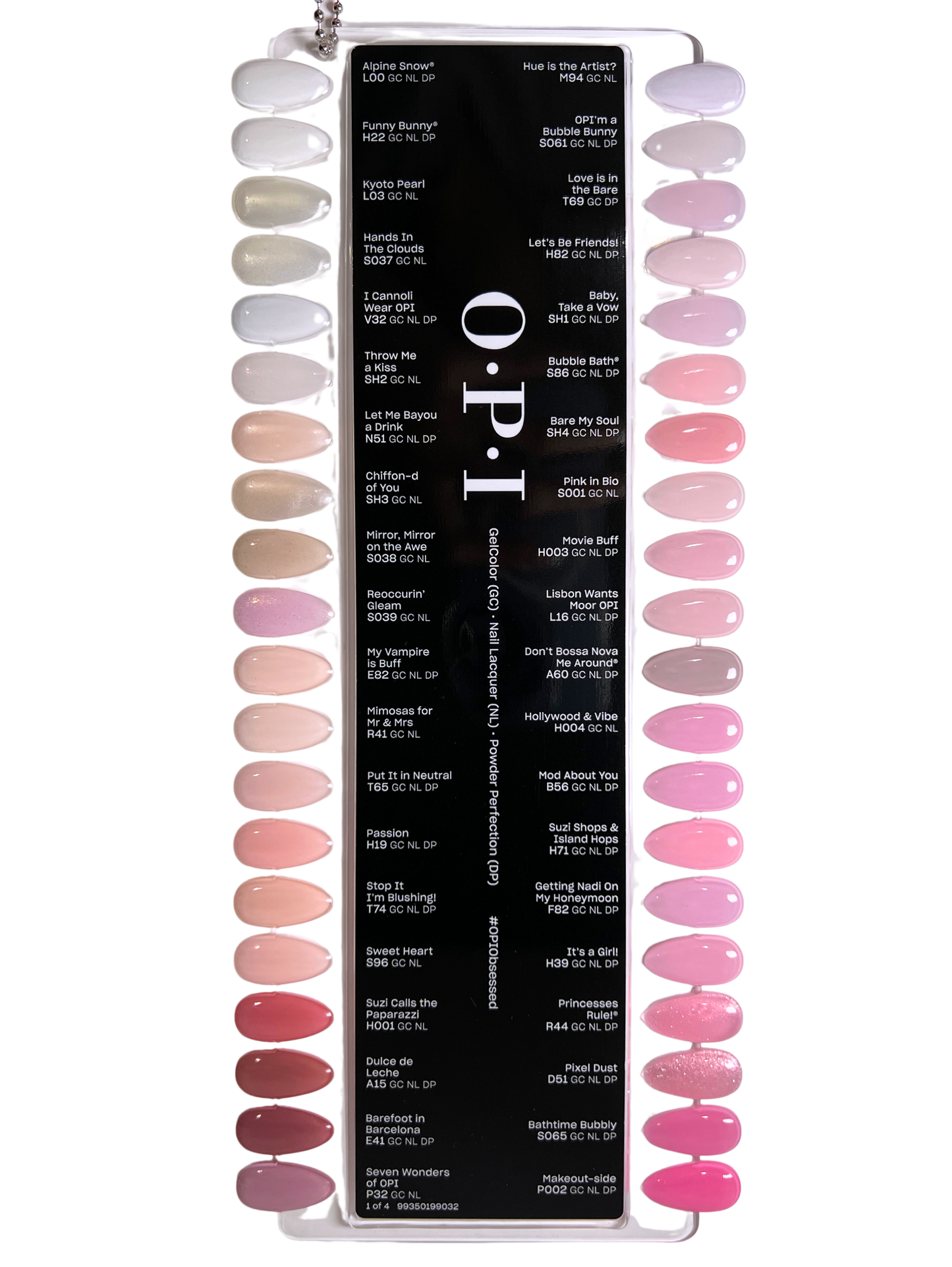 O.P.I nail color swatch book with a white background