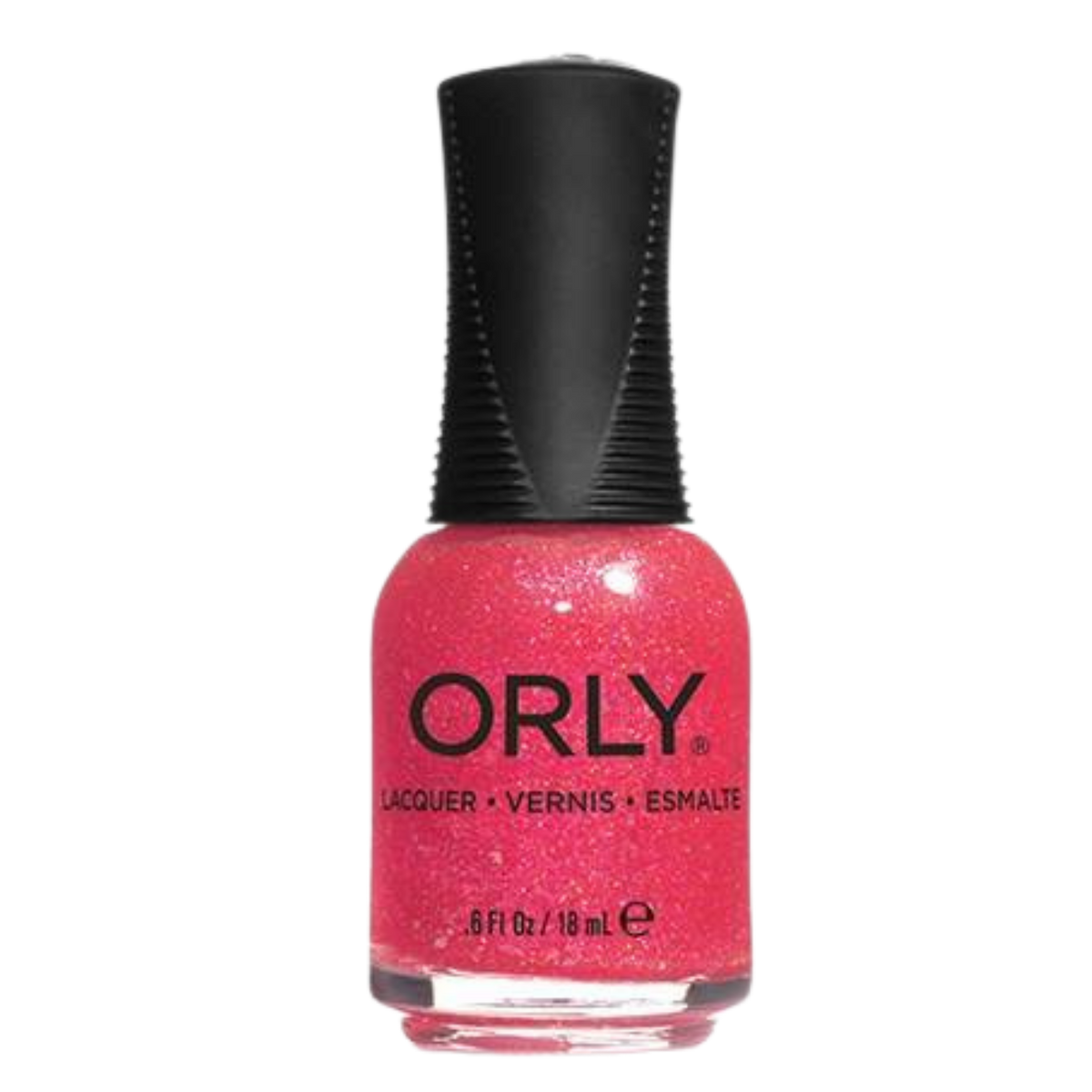 pink glitter nail polish with black grip cap over a white background