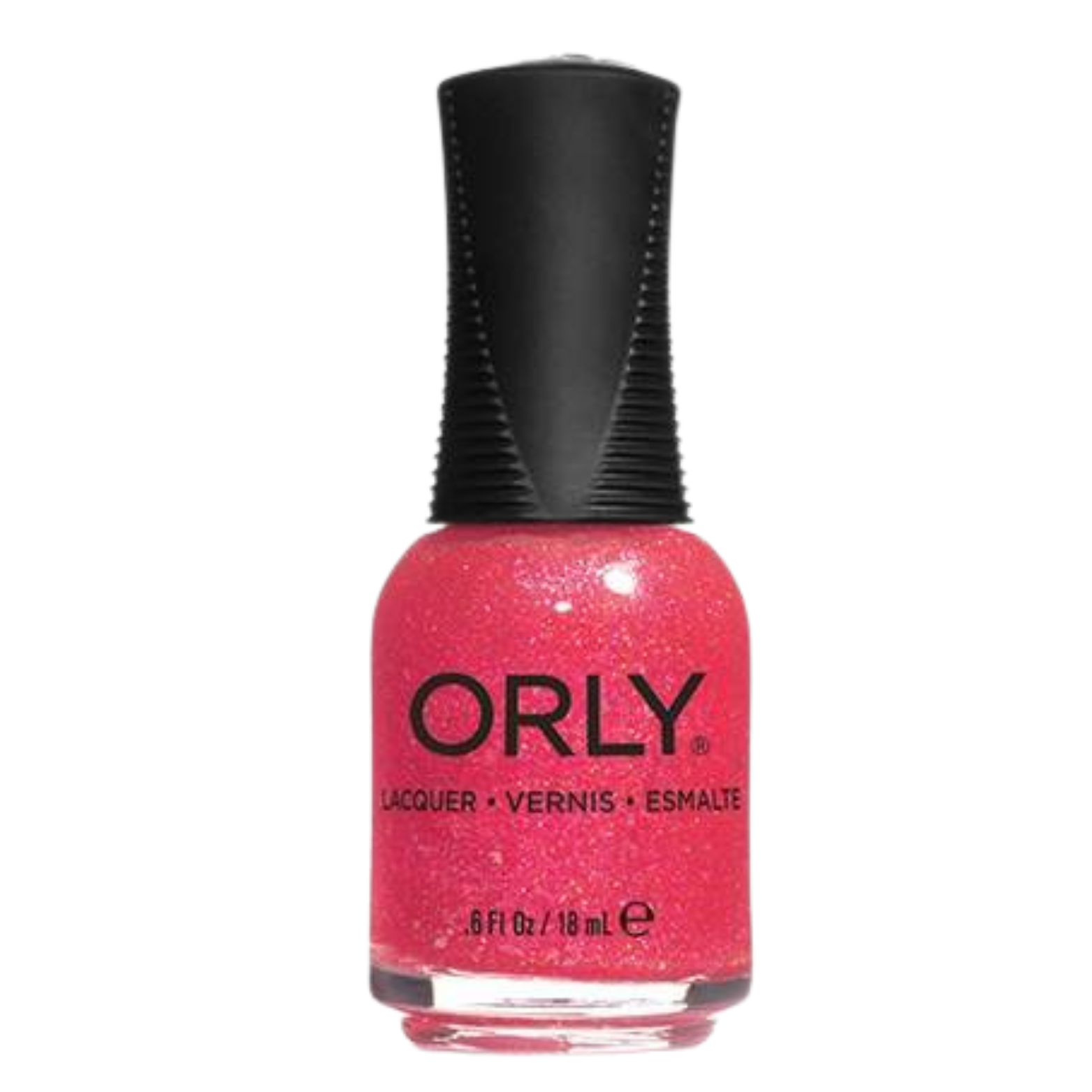 pink glitter nail polish with black grip cap over a white background