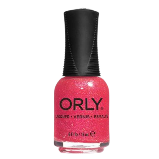 pink glitter nail polish with black grip cap over a white background