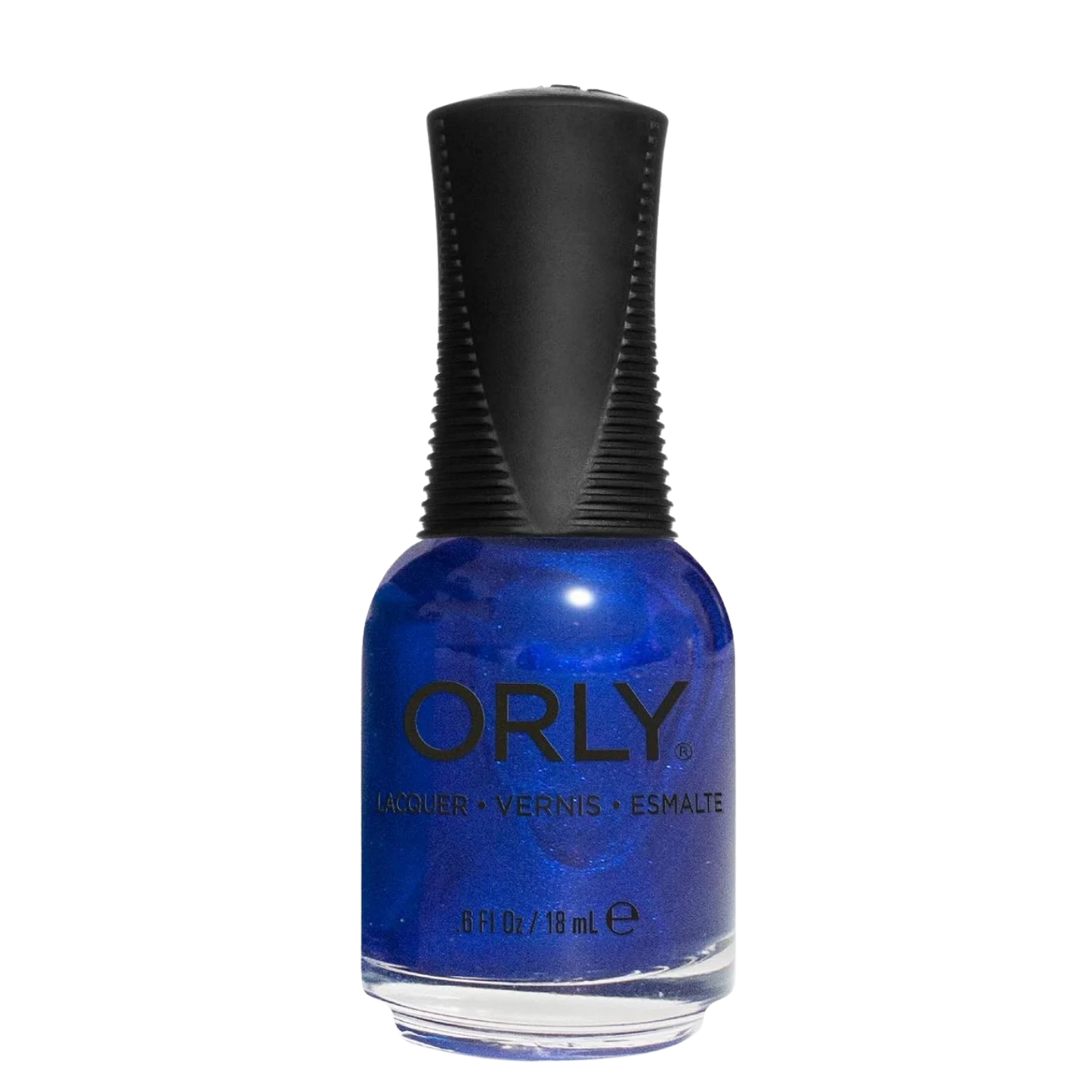 blue metallic nail polish with a black grip cap on a white background