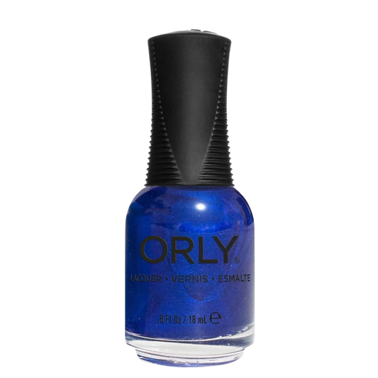 blue metallic nail polish with a black grip cap on a white background