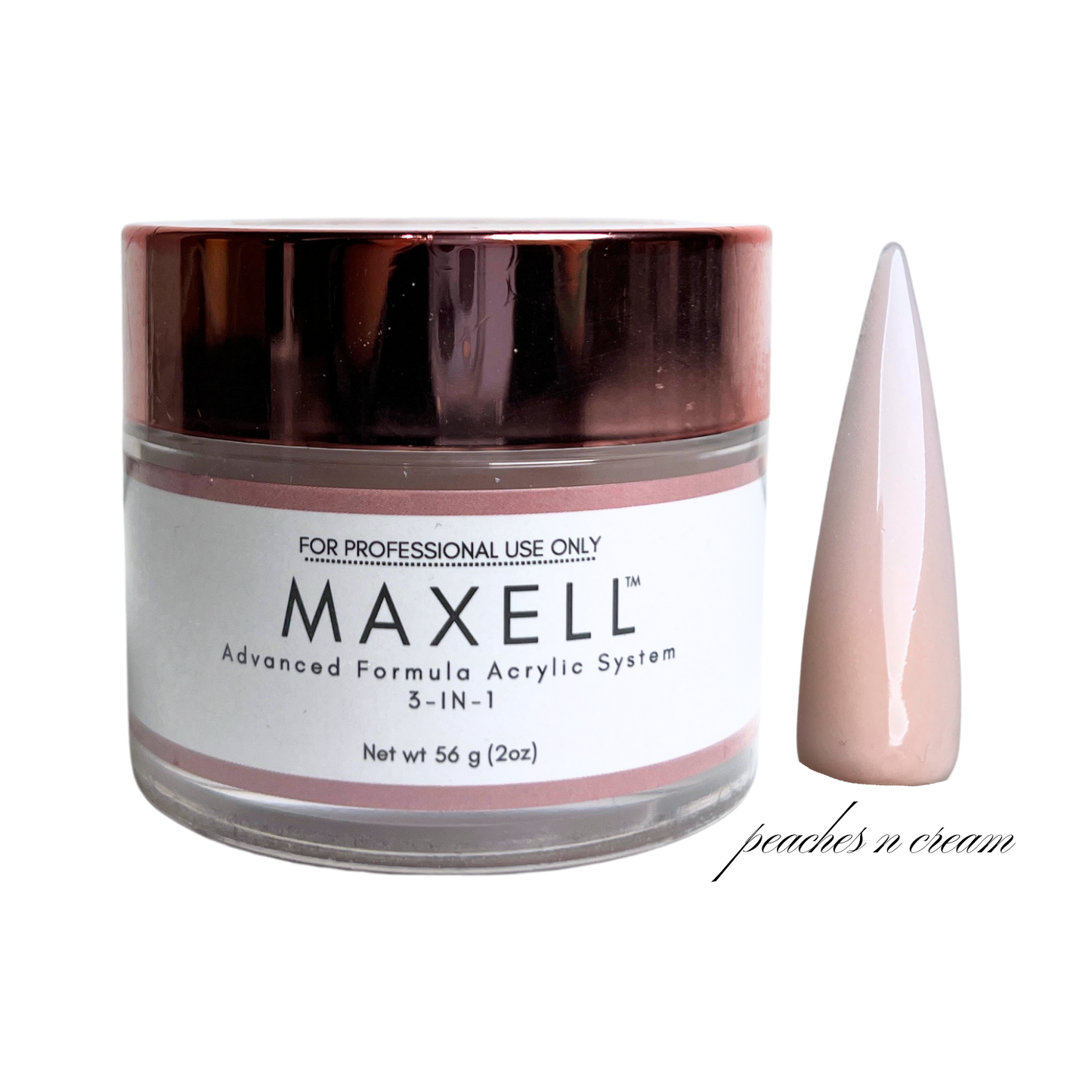Maxell acrylic system jar with a sample of peach-colored powder on a white background