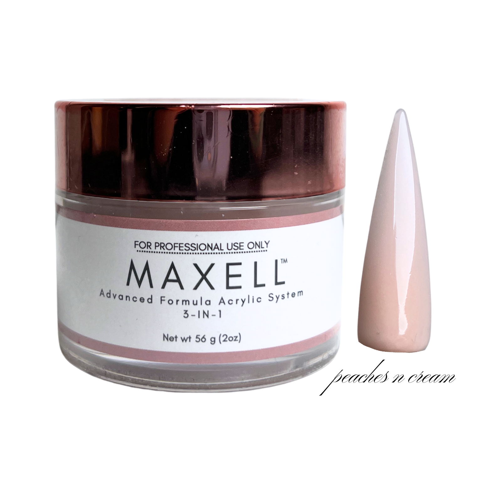 Maxell acrylic system jar with a sample of peach-colored powder on a white background