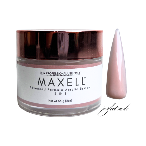 Maxell nail powder jar with a pink nail tip on a white background