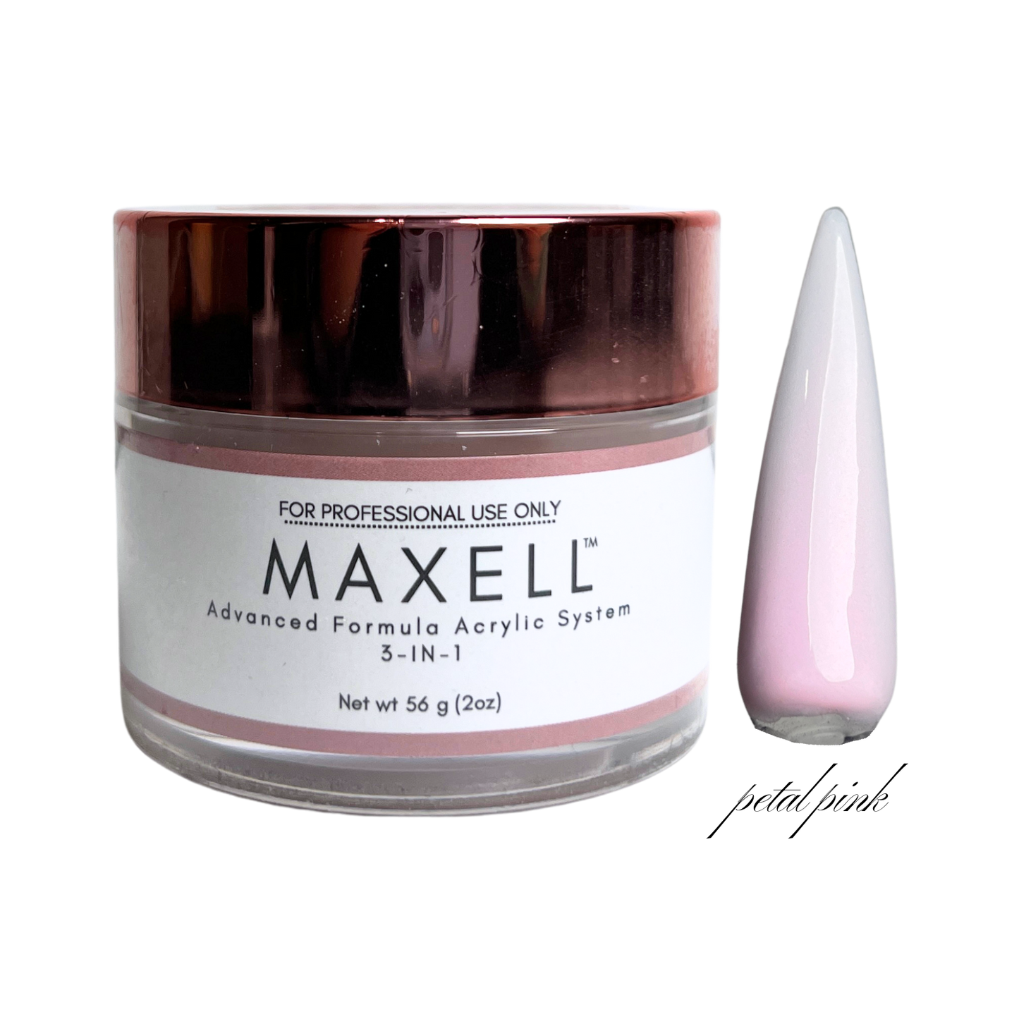 Maxell acrylic system jar with a petal pink nail tip on a white background