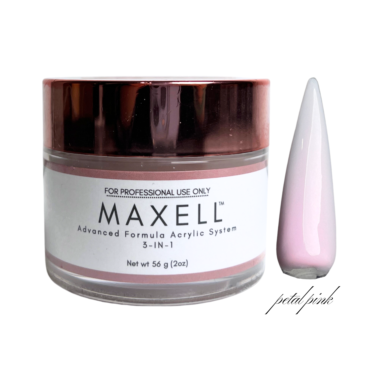 Maxell acrylic system jar with a petal pink nail tip on a white background