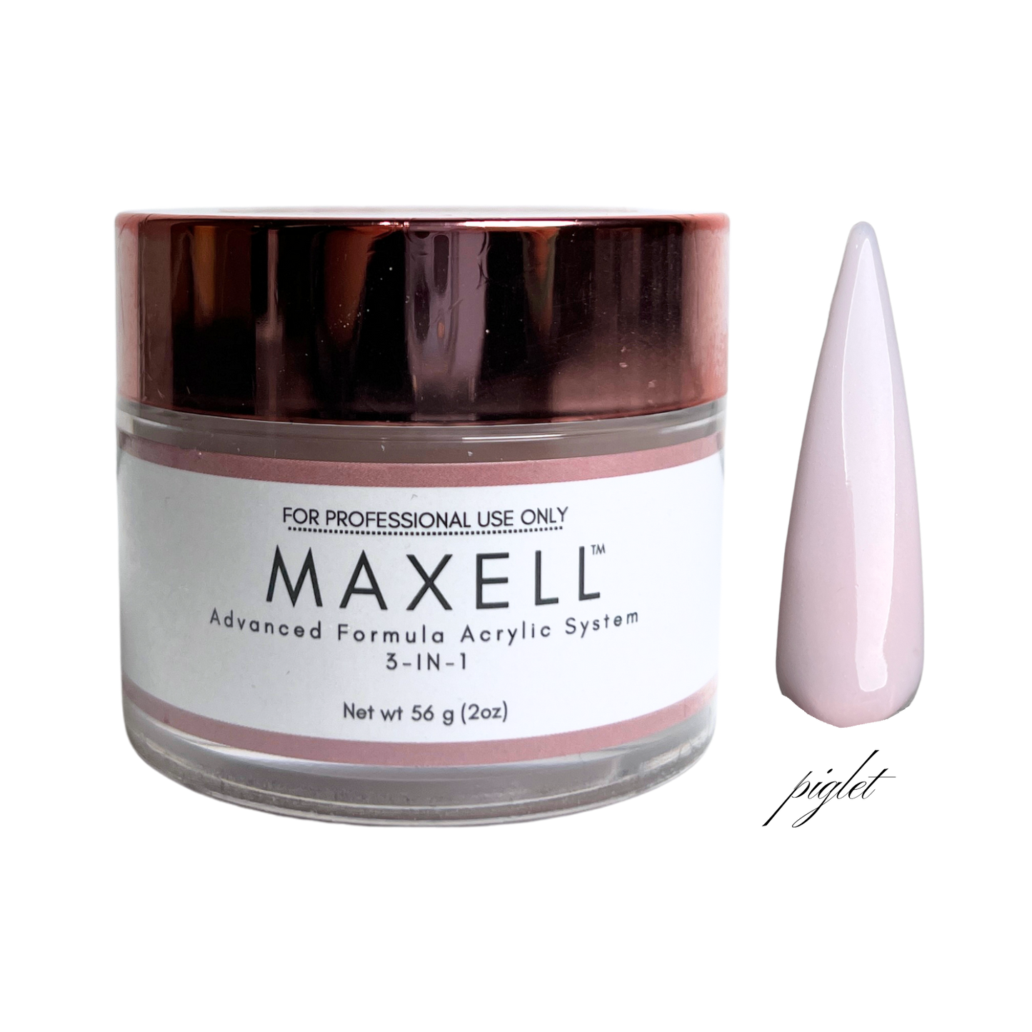 Maxell acrylic system jar with a light pink nail tip on a white background