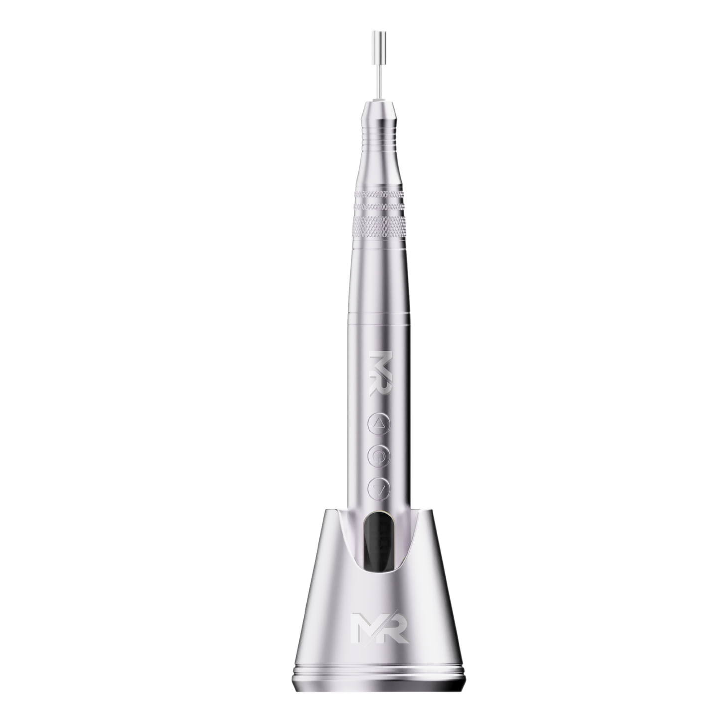 silver portable nail drill on a silver charging stand on a white background